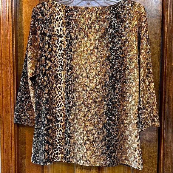 Ruby Rd. Favorites Animal Print Gold Metallic 3/4 Sleeve Pullover Size M EUC - Picture 2 of 9